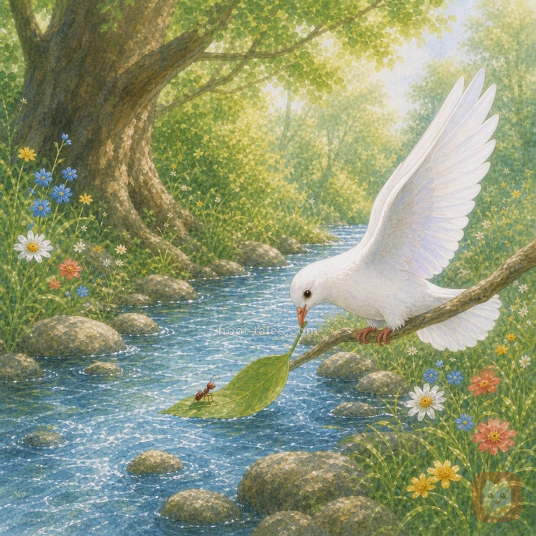 นกพิราบสีขาวปีกสีสันสดใสจิกใบไม้สีเขียวทิ้งลงไปช่วยมดสีแดงตัวเล็กในลำธารสีฟ้า ท่ามกลางดอกไม้หลากสี
