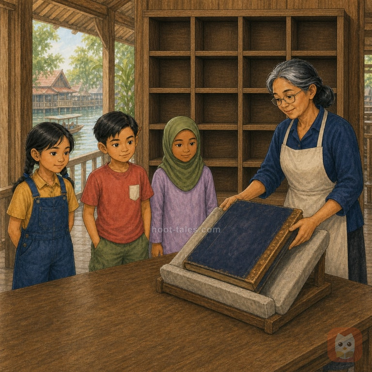 ป้าสมพรวางสมุดบัญชีปกครามเก่าบนแท่นรองในห้องคลังตลาดริมคลอง ขณะที่นลิน ตี๋ และมารียัมยืนดูอย่างระมัดระวังจากอีกด้านของโต๊ะ