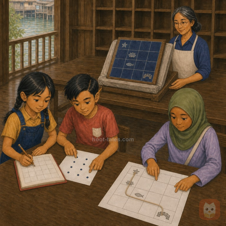ป้าสมพรประคองสมุดเก่าบนแท่นรองให้เห็นผังตู้สี่คูณสี่ด้านในปก ขณะที่เด็กๆ คัดลงสมุดใหม่และวางเชือกผ่านรูปดาว ดอกบัว ปลา และสะพานบนสำเนา