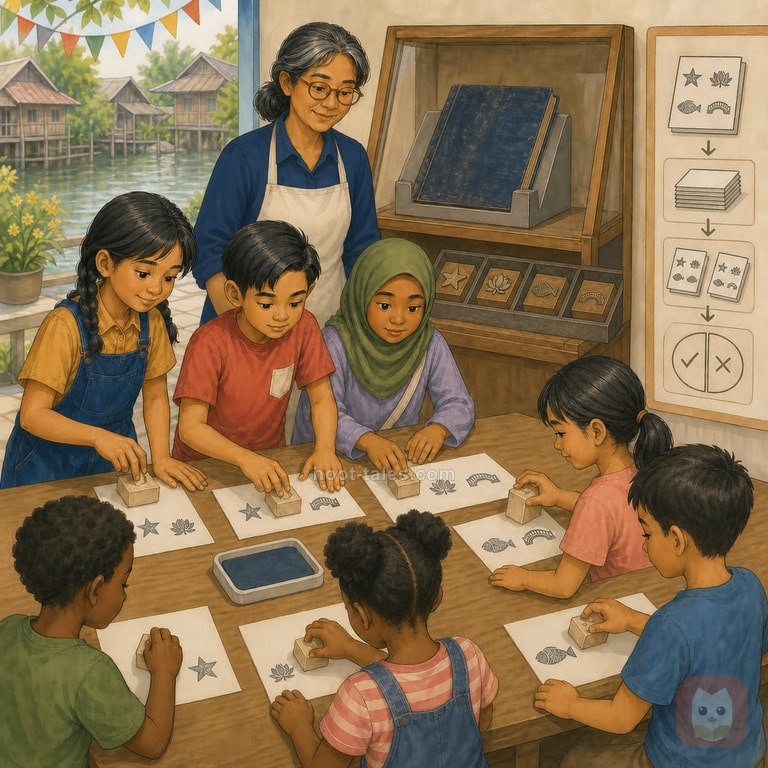 เด็กๆ ในมุมอ่านหนังสือใช้ตราจำลองรูปดาว ดอกบัว ปลา และสะพานบนกระดาษใหม่ ขณะที่สมุดและแม่พิมพ์จริงเก็บในกล่องรองรับหลังตู้กระจก