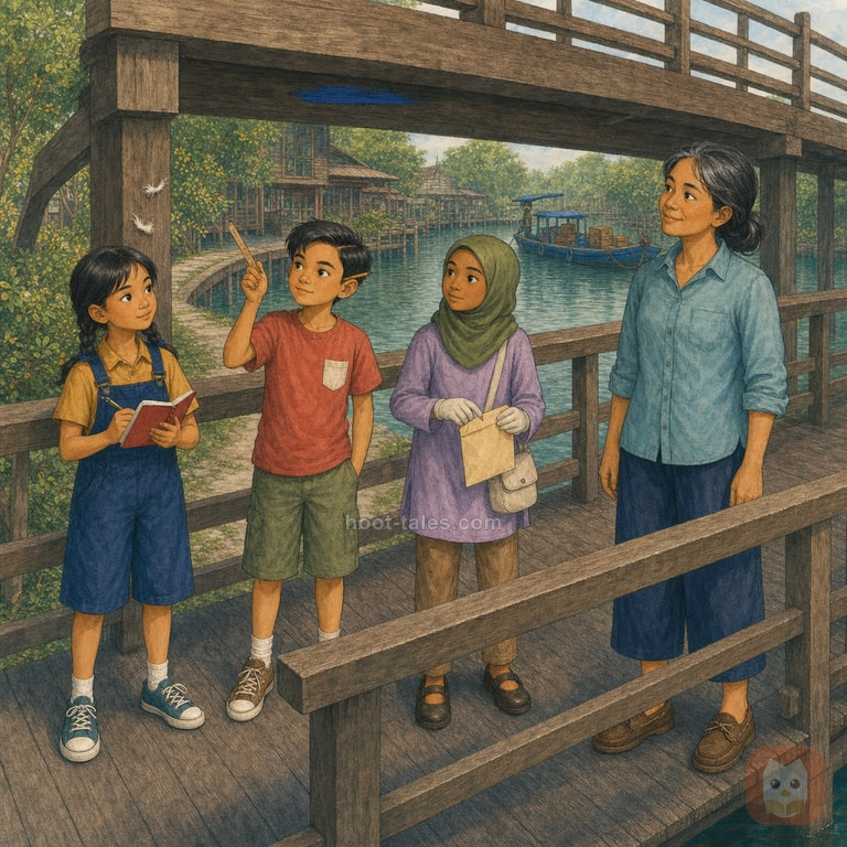 ป้าจันทร์กับเด็กนักสืบสามคนเดินบนทางมีราวริมคลองยามสาย มองรอยสีฟ้าบนคานสะพานและเส้นใยขาวสองเส้นบนเสา ขณะที่เรือแม่สำเภายังผูกอยู่ที่ท่าไกลๆ