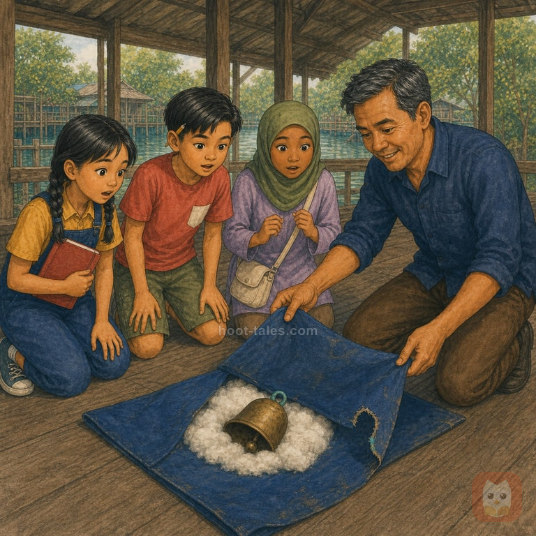 ช่างประสิทธิ์กับเด็กนักสืบสามคนกางผ้าใบสีฟ้าบนพื้นอู่เรือยามสาย พบระฆังทองเหลืองอยู่ในรอยพับท่ามกลางปุยนุ่นขาวโดยทุกคนประหลาดใจ