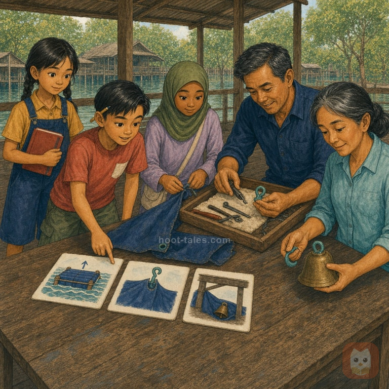 นลินเรียงบัตรภาพเหตุการณ์บนโต๊ะอู่เรือ ขณะที่ตี๋ มารียัม ป้าจันทร์ และช่างประสิทธิ์ตรวจตะขอระฆังกับเชือกผ้าใบอย่างร่วมมือกันตอนเที่ยง