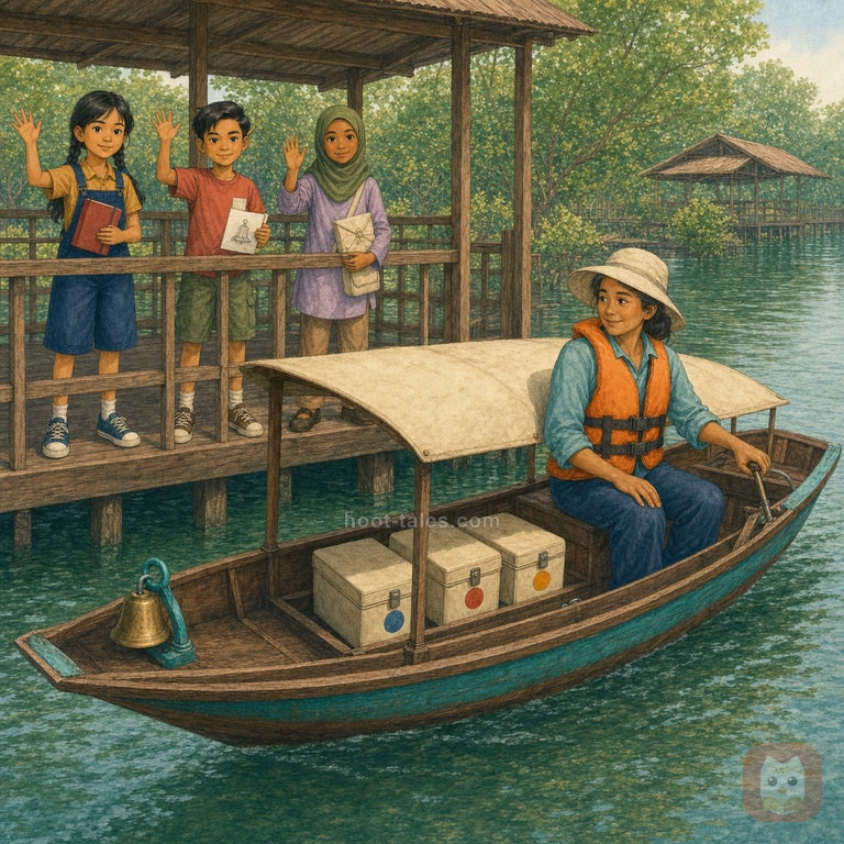 ป้าจันทร์สวมเสื้อชูชีพขับเรือแม่สำเภาซึ่งมีระฆังซ่อมแล้วและกล่องหนังสือสามกล่องออกจากท่ายามสาย ขณะที่นลิน ตี๋ และมารียัมโบกมือจากท่ามีราว
