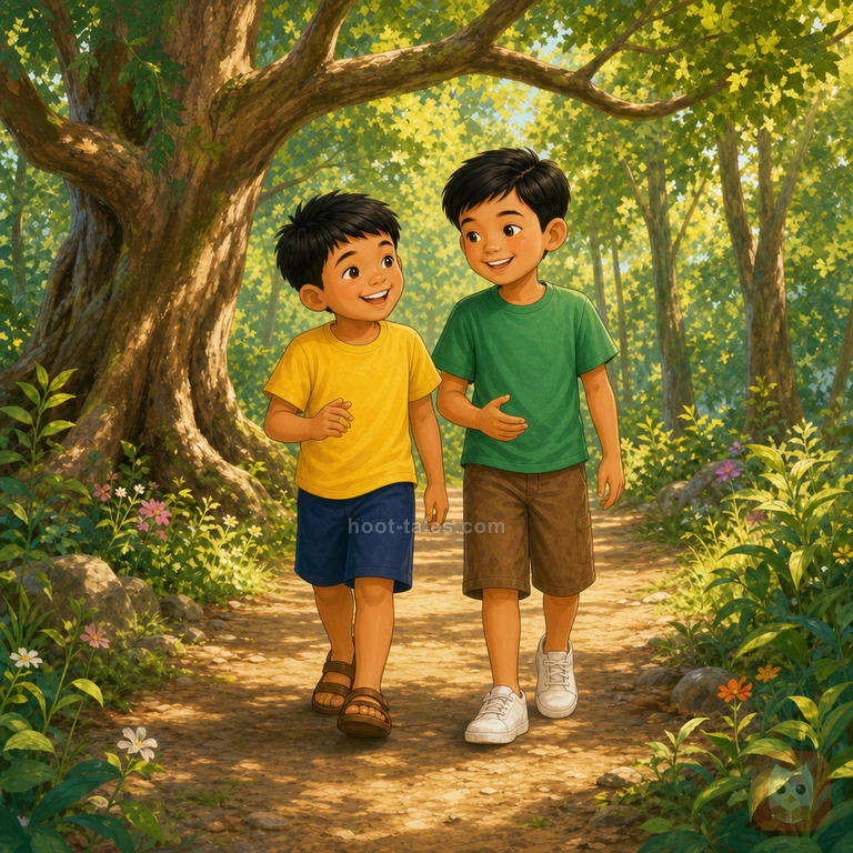 เพื่อนสองคนเดินป่ายิ้มแย้มคุยกันอย่างสนุกสนาน ท่ามกลางต้นไม้เขียวขจีและแสงแดดสดใส