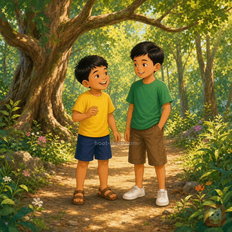เพื่อนสองคนยืนคุยกันอย่างเป็นมิตรใต้แสงแดดในป่า คนหนึ่งเพิ่งปีนลงจากต้นไม้ อีกคนยิ้มอย่างใจดี