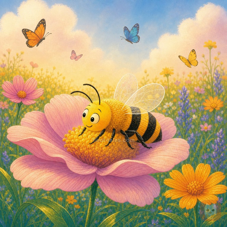 ผึ้งน้อยบินบินยิ้มร่าเริงนั่งพักผ่อนอยู่บนกลีบดอกไม้สีชมพูนุ่มๆ ผีเสื้อหลากสีบินเล่นอยู่รอบๆ ท้องฟ้าสดใส แสงแดดอบอุ่น บรรยากาศสงบและมีความสุข