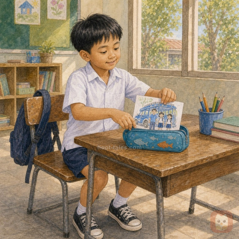 ต้นกล้าดูภาพวาดรถสองแถวสีฟ้าจากใบหม่อนในห้องเรียน โดยมีภาพเด็กสองคนและคนขับยิ้มอยู่ในภาพ