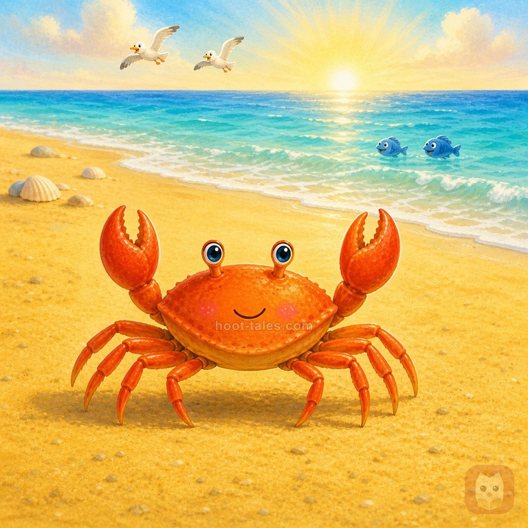 ปูสีส้มสดใสตัวเล็กเดินเฉียงข้างบนชายหาดทรายสีทอง ปลาสีฟ้าและนกนางนวลสีขาวหัวเราะล้อเลียนอยู่ใกล้ๆ ทะเลสีฟ้าครามสดใสด้านหลัง