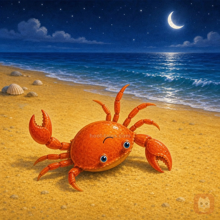 ปูสีส้มพยายามเดินตรงบนชายหาดทรายสีทองใต้แสงจันทร์สีเงิน แต่ล้มกลิ้งไปมาอย่างงุ่มง่าม คลื่นทะเลสีฟ้าเข้มซัดเบาๆ ด้านหลัง