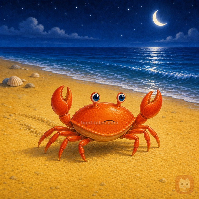 ปูสีส้มลุกขึ้นฝึกเดินตรงซ้ำแล้วซ้ำเล่าบนชายหาดทรายสีทองยามค่ำคืน ดวงดาวระยิบระยับเต็มท้องฟ้าสีน้ำเงินเข้ม