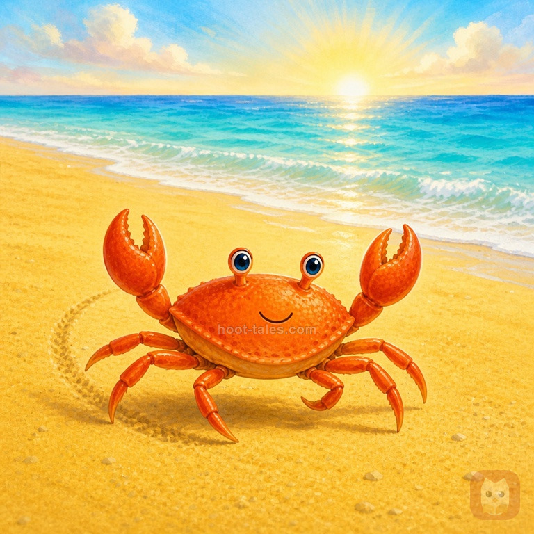 ปูสีส้มสดใสเดินเฉียงข้างอย่างภาคภูมิใจบนชายหาดทรายสีทองยามเช้า ท้องฟ้าสีฟ้าแจ่มใสและทะเลสีฟ้าครามสวยงามด้านหลัง