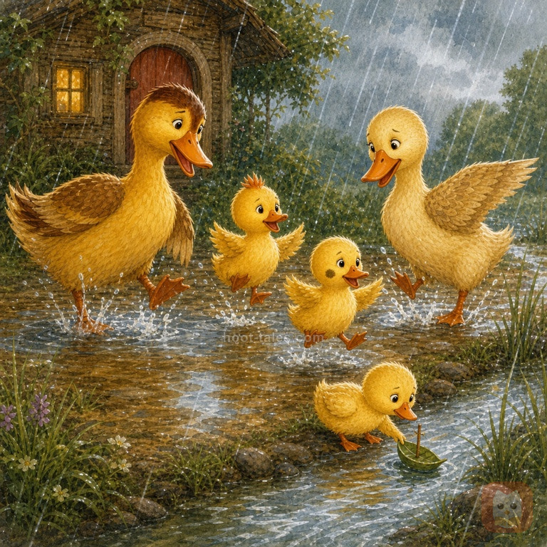 ครอบครัวเป็ดกระโดดเล่นในแอ่งน้ำฝนกลางสนามหญ้าเปียก น้ำกระเซ็นเป็นฝอย ลูกเป็ดตัวหนึ่งกำลังปล่อยเรือใบไม้เล็กๆ ลงไปในธารน้ำฝนที่ไหลเชี่ยว ทุกตัวยิ้มและหัวเราะท่ามกลางสายฝน