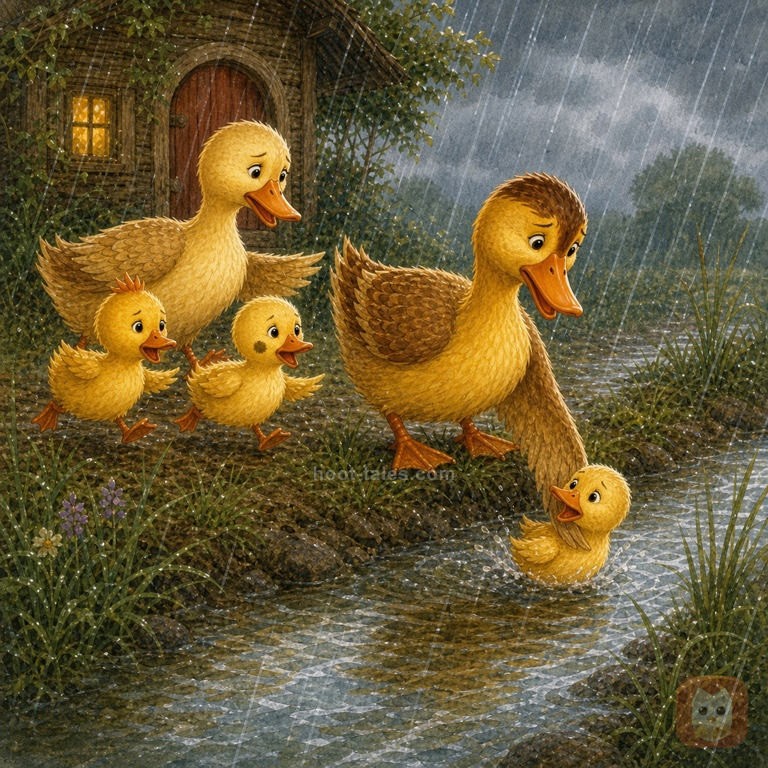 ลูกเป็ดตัวเล็กที่สุดลอยอยู่ในธารน้ำฝนที่ไหลเชี่ยวสีขุ่น ครอบครัวเป็ดที่เหลือวิ่งตามริมธารด้วยความตกใจ พ่อเป็ดยื่นปีกออกไปคว้าตัวลูกเป็ดกลับขึ้นฝั่งท่ามกลางสายฝนที่ยังตกไม่หยุด