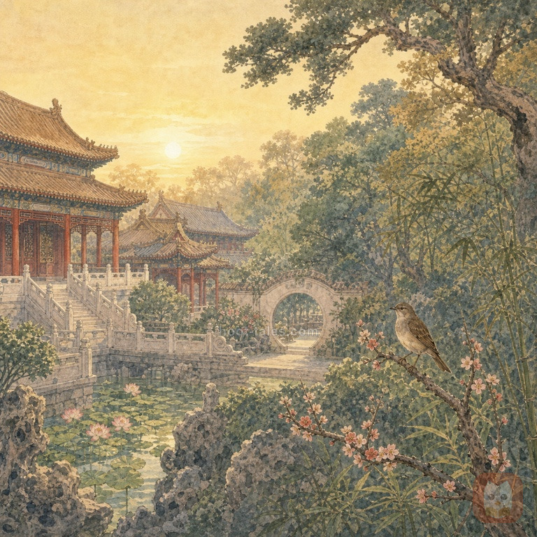 สวนพระราชวังจีนโบราณอันงดงาม มีป่าเล็กๆ ริมสวนอยู่ใต้ท้องฟ้านุ่มนวล