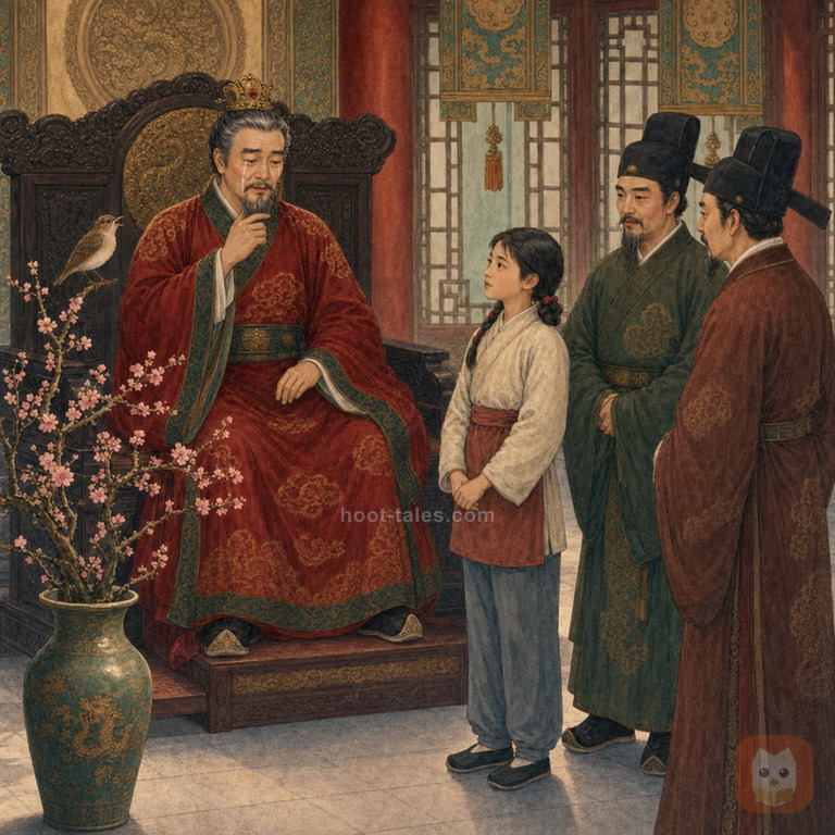 นกไนติงเกลตัวเล็กสีเทาธรรมดาร้องเพลงอยู่บนกิ่งไม้ในท้องพระโรง ขณะจักรพรรดิฟังด้วยน้ำตาคลอ