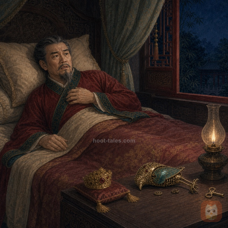 จักรพรรดิที่ประชวรหนักนอนเดียวดายด้วยความหวาดกลัวอยู่ในห้องบรรทมอันโอ่อ่า มีเพียงนกกลจักรที่พังแล้ววางนิ่งอยู่ข้างกาย