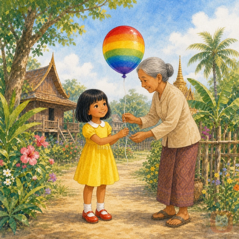 เด็กหญิงตัวน้อยยิ้มดีใจได้รับลูกโป่งสีรุ้งเรืองแสงวิเศษจากหญิงชราลึกลับใจดีในหมู่บ้านที่แดดจ้า ประกายแวววาวลอยอยู่รอบลูกโป่ง