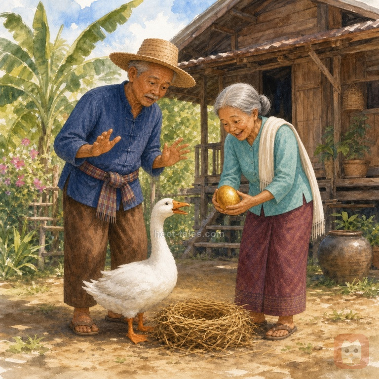ชาวนาสูงวัยและภรรยาเก็บไข่ทองคำอย่างมีความสุขทุกเช้าหน้ากระท่อม