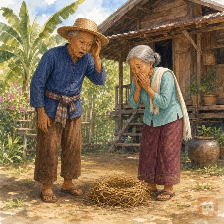 ชาวนาสูงวัยและภรรยาตกใจที่ไม่พบทองคำในตัวห่าน พบว่ามันเป็นเพียงห่านธรรมดา