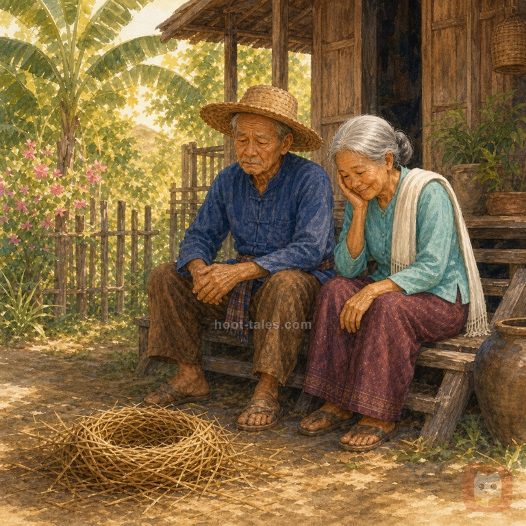 ชาวนาสูงวัยและภรรยานั่งด้วยกันอย่างเศร้าใจหน้ากระท่อม หลังเรียนรู้ที่จะใช้ชีวิตอย่างเรียบง่าย