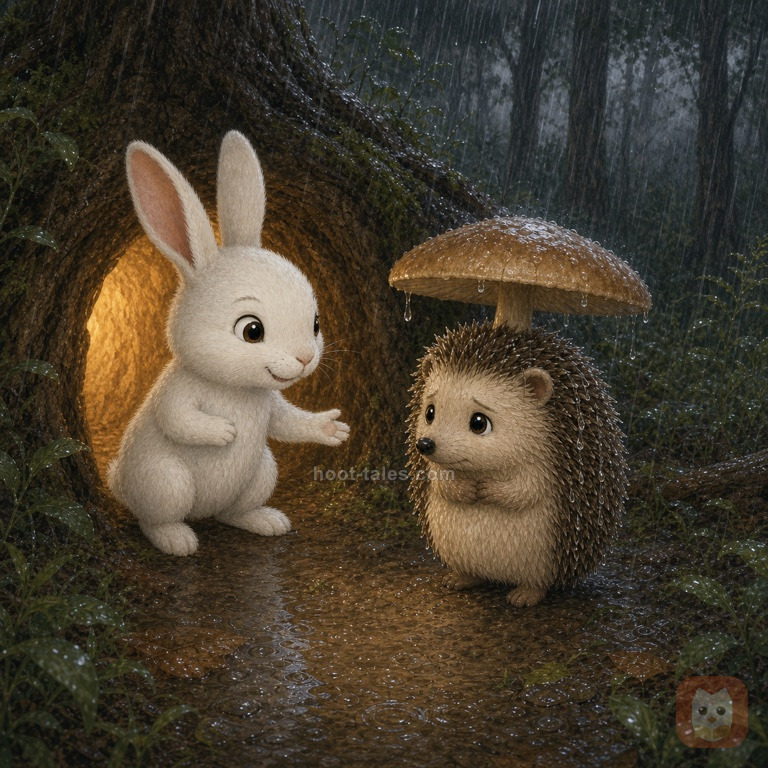 เม่นน้อยเปียกฝนพยายามมุดตัวใต้ร่มเห็ดเล็กๆ ท่ามกลางสายฝนที่ยังตกไม่หยุด ขณะที่กระต่ายขนสีขาวนุ่มยืนอยู่ปากโพรงใต้ดินยื่นมือชวนอย่างใจดี แสงอบอุ่นจากโพรงส่องออกมา