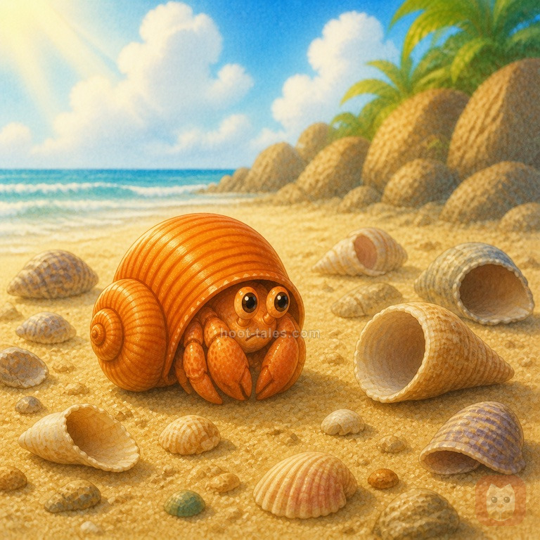 ปูเสฉวนกังวลใจโผล่ตัวออกมาครึ่งหนึ่งจากเปลือกหอยแคบๆ สำรวจชายหาดที่เกลื่อนไปด้วยเปลือกหอยว่างเปล่าหลากสีหลายขนาดที่อยู่ใกล้ๆ