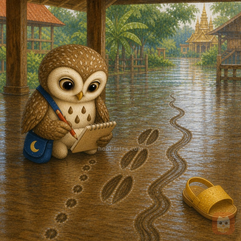 ฮูกฮูกยืนหน้าศาลาชุมชนหลังฝนตก มองรองเท้าแตะสีเหลืองข้างเดียวกับรอยน้ำสามแบบบนพื้นเปียกอย่างสงสัย