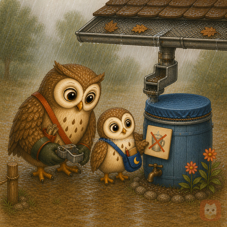 ฮูกฮูกกับพ่อฮูกตรวจถังน้ำฝนฝาปิด มีตะแกรงกันเศษ มุ้งกันแมลง ก๊อกต่ำ และบัตรภาพห้ามดื่ม