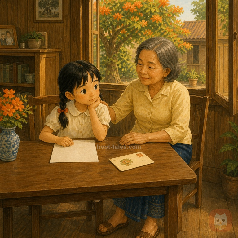 ลดาเด็กหญิงไทยนั่งกับคุณยายที่โต๊ะไม้ยามเช้า มองกระดาษ ซอง และดอกหางนกยูงนอกหน้าต่างด้วยความคิดถึงเพื่อน