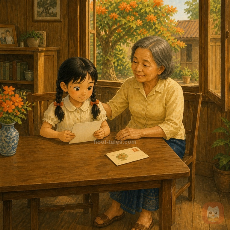 ลดากับคุณยายตรวจซองจดหมายที่มีภาพวาดต้นไม้และแสตมป์บนโต๊ะ โดยไม่เห็นข้อความอ่านได้ ทั้งคู่ตั้งใจ