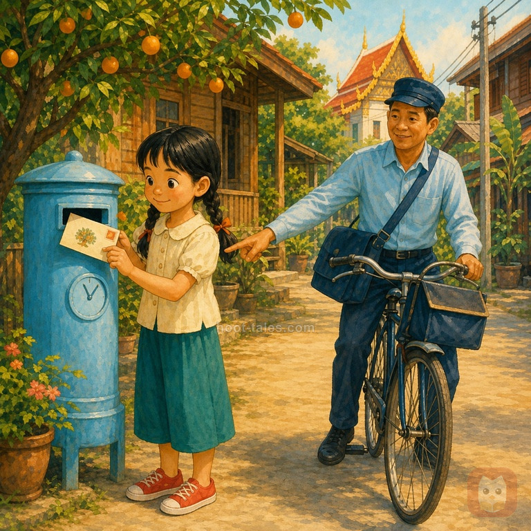ลดาหย่อนซองลงตู้ไปรษณีย์สีฟ้าข้างถนนในตอนสาย โดยมีบุรุษไปรษณีย์ชี้สัญลักษณ์ภาพอย่างเป็นมิตร