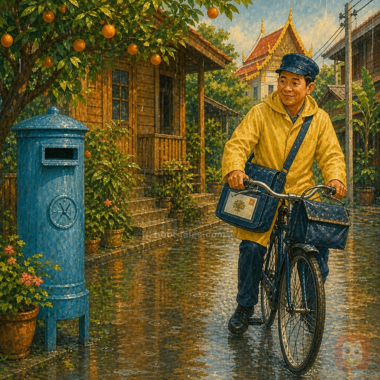 บุรุษไปรษณีย์สวมเสื้อกันฝนปั่นจักรยานส่งซองของลดาผ่านถนนชุมชนยามบ่ายอย่างปลอดภัย