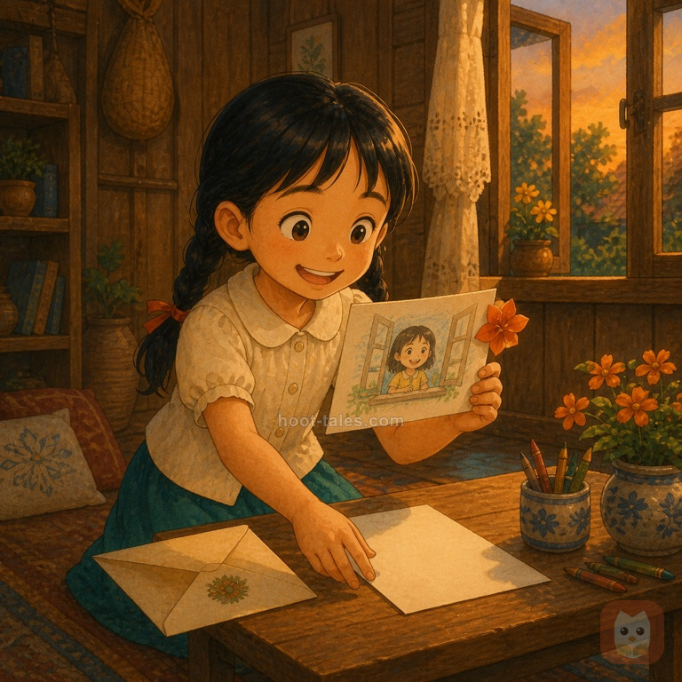 ลดาเปิดจดหมายตอบที่มีภาพวาดเพื่อนกับดอกไม้กระดาษสีส้มในบ้านยามเย็น เธอยิ้มกว้างและหยิบกระดาษใหม่
