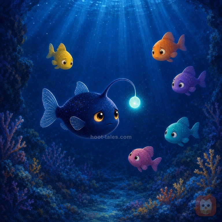 ปลาโคมไฟตัวเล็กมีแสงสีฟ้าอมเขียวเรืองแสงจากหนวดเหนือหัวลอยอยู่กลางทะเลลึกสีน้ำเงินเข้ม ปลาสีสันสดใสตัวอื่นว่ายหนีออกห่าง