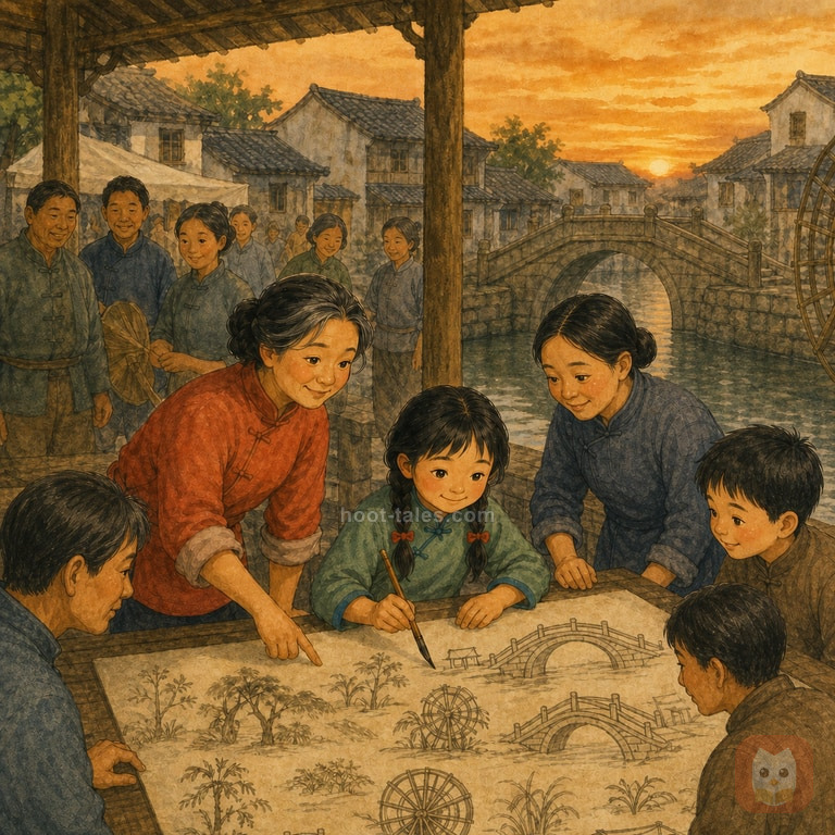 หลินกับชาวบ้านหลายวัยร่วมกันวาดบนกระดาษม้วนยาวในศาลาริมคลองยามเย็น รอบตัวมีสะพานไม้และกังหันวิดน้ำที่สร้างเสร็จแล้ว