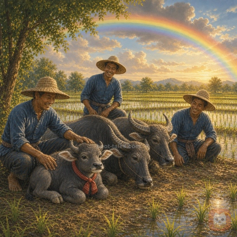 ต้นกล้าข้าวเขียวขจีงอกงามเต็มทุ่งนาที่เปียกฝนใต้ท้องฟ้าที่มีสายรุ้งพาดผ่าน กลุ่มควายและชาวนายืนพักผ่อนด้วยกันอย่างมีความสุขหลังฝนตก