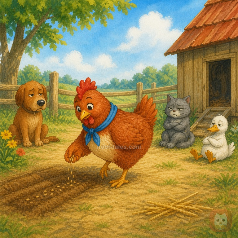 แม่ไก่สีแดงสดใสก้มหน้าปลูกเมล็ดข้าวสาลีในลานบ้านสีเขียว หมา แมว และเป็ดสีสันสดใสนั่งดูอยู่ห่างๆ ในวันแดดจ้า