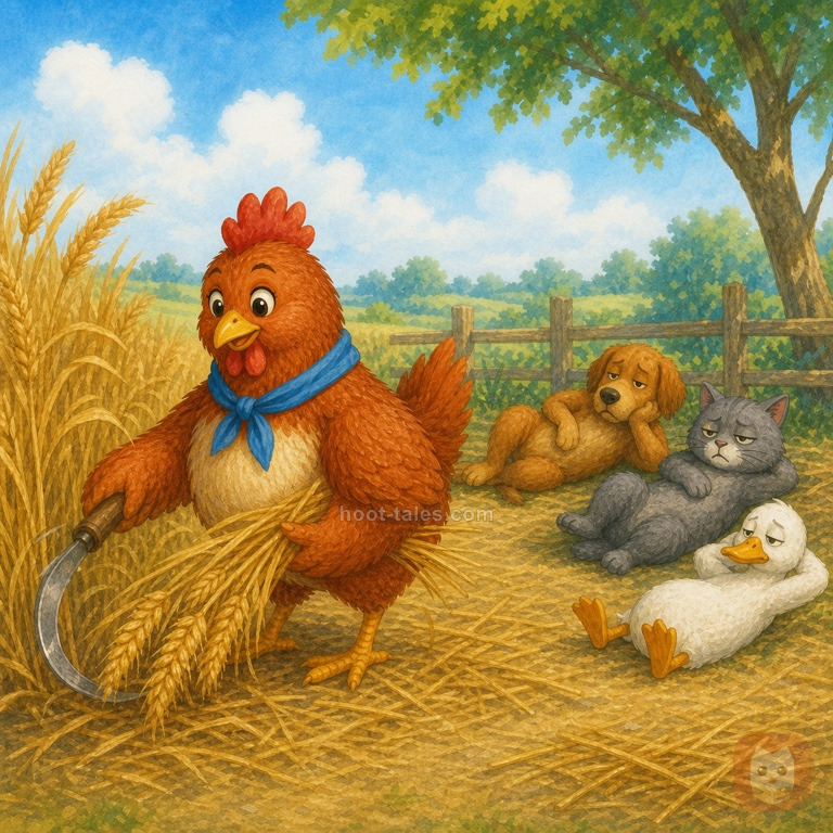 แม่ไก่สีแดงเกี่ยวข้าวสาลีสีทองสูงเต็มทุ่งด้วยตัวเองอย่างขยันขันแข็ง เพื่อนสัตว์นั่งเล่นสบายอยู่ใต้ร่มไม้เขียวสดใสด้านหลัง