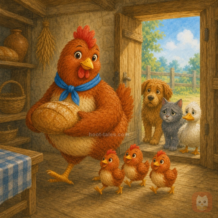 แม่ไก่สีแดงเดินเข้าบ้านไม้สีสันสดใสพร้อมลูกไก่สีเหลืองตัวน้อยและขนมปังหอมกรุ่น เพื่อนสัตว์ยืนผิดหวังอยู่นอกประตู