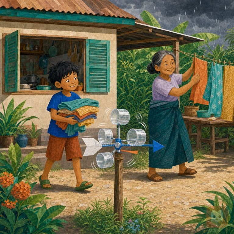 ลูมกับยายช่วยกันเก็บผ้าอย่างทันเวลา ขณะเครื่องจับลมหมุนและริบบิ้นสีส้มเหยียดตรงก่อนฝนบ่าย