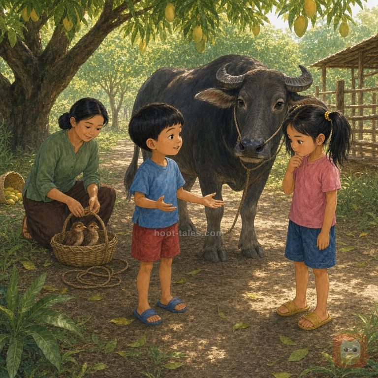 ปาล์ม เด็กชายตัวเล็ก อธิบายเหตุการณ์ข้างเจ้าทุยควายไทย ขณะที่ผู้ใหญ่ดูแลตะกร้าลูกนกอย่างปลอดภัย