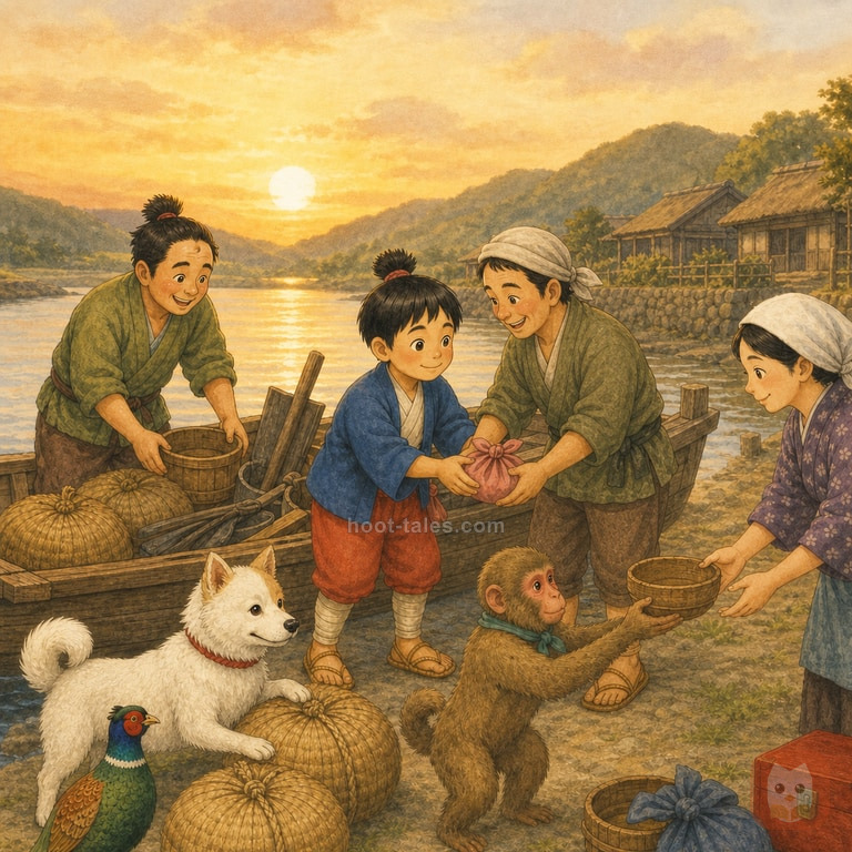 โมโมทาโร่ สุนัข ลิง และไก่ฟ้ากลับถึงหมู่บ้านญี่ปุ่นพร้อมเรือบรรทุกของคืน ชาวบ้านรับเครื่องมือและเมล็ดพันธุ์ด้วยรอยยิ้มในยามเย็น