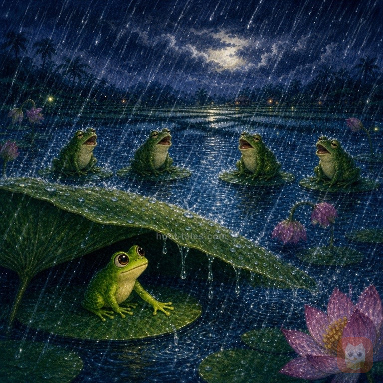 ฝนตกหนักลงบนบึงน้ำยามค่ำคืน ฝูงกบสีเขียวร้องเพลงอยู่บนใบบัว กบตัวเล็กสีเขียวมะนาวแอบมองอย่างอยากร่วมวงจากใต้ใบบัว