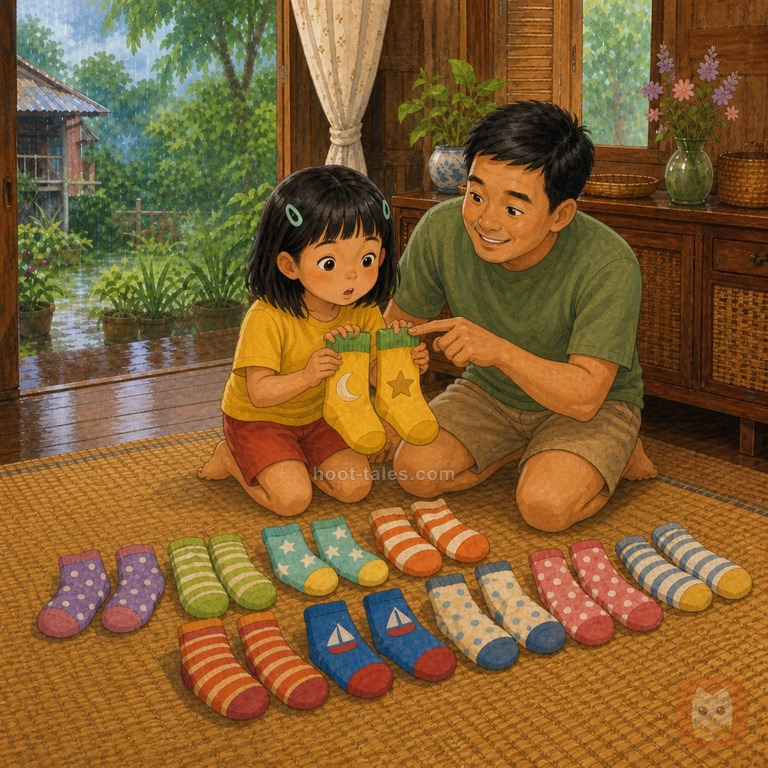 มุกและพ่อก้มดูถุงเท้าสีเหลืองสองข้างที่มีปะพระจันทร์กับดาวและขอบด้ายเขียวเหมือนกัน สีหน้าสงสัยแล้วเข้าใจ