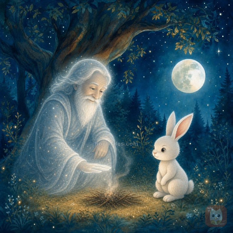ชายชรากลายร่างเป็นเทพแห่งดวงจันทร์เปล่งแสงนวลสีเงิน ยื่นมือดับเปลวไฟที่กระต่ายกำลังจะกระโจนเข้าไป ท่ามกลางป่ายามค่ำคืน แสงจันทร์เต็มดวงส่องสว่างไปทั่วบริเวณราวมีมนตร์ขลัง