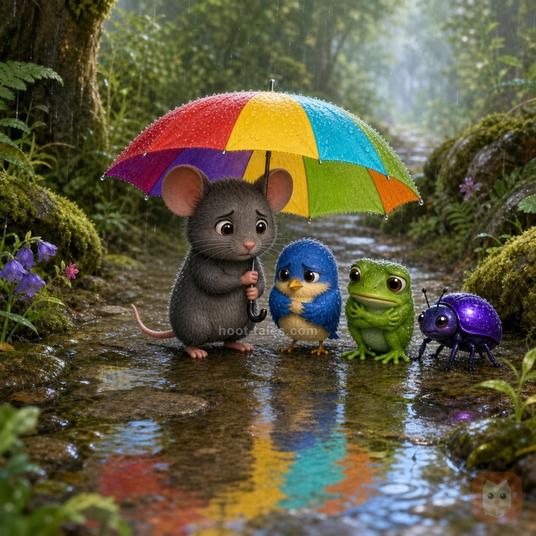 หนูตัวเล็กหันมองเพื่อนๆ ที่เปียกฝนตัวสั่นอยู่ใกล้ๆ ด้วยสีหน้ากังวลและเหงาใจ สายฝนยังคงตกลงมาไม่หยุด ท้องฟ้าสีเทาเข้มปกคลุมไปทั่ว หยดน้ำฝนกระเซ็นบนพื้นถนนเปียก