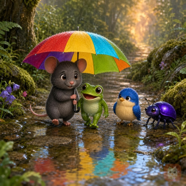 หนูตัวเล็กถือร่มจิ๋วสีสันสดกางคลุมให้กบสีเขียวเดินเคียงข้างอย่างอบอุ่น ขณะนกตัวเล็กและด้วงเดินรออยู่ใกล้ๆ ท่ามกลางสายฝนที่โปรยปรายและถนนเปียกสะท้อนแสงยามเย็น