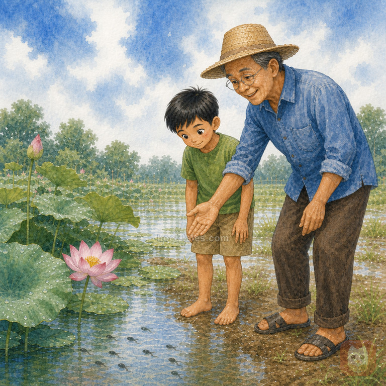 ลุงพจน์ผู้สูงวัยสวมหมวกฟางอธิบายเรื่องบัวให้นิรันดร์ฟังริมบ่อบัวในชุมชน