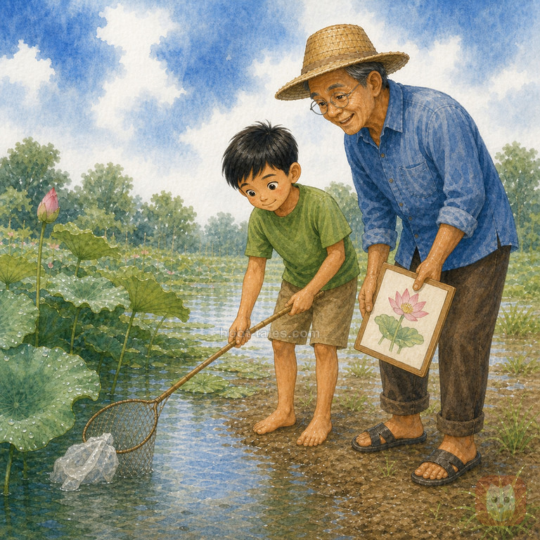 นิรันดร์ใช้ตาข่ายเก็บถุงพลาสติกริมบ่อบัวอย่างระมัดระวัง แล้ววาดรูปดอกบัวลงบนกระดาษ